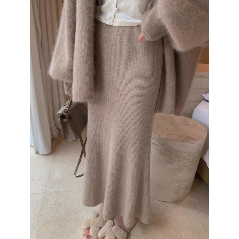 

Women's Mid-Length Fish-Tail Knitted Half Skirt High Waist Slimming Bodycon Straight Cut Skirt Autumn Winter New Korean Style