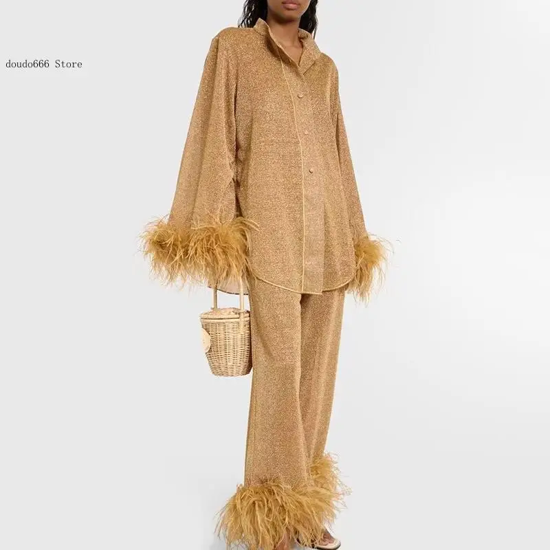Elegant Long Sleeve Button 2 Piece Set Patchwork Feather Straight Pants Set Casual Loose Stand Collar Outfits