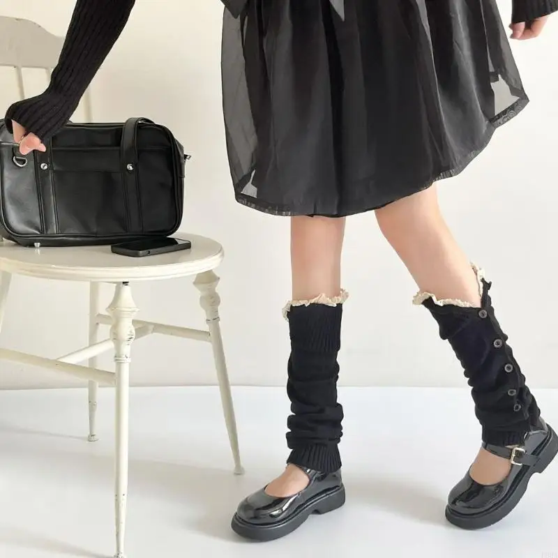 P88A 1 Đôi Tất Giữ Ấm Chân Mùa Đông Nữ Dệt Kim Nút Xuống Xù Viền Ren Tất Dài