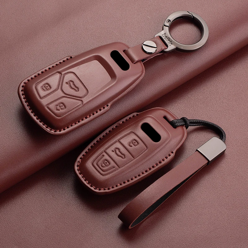 Auto Key Shell Fob For Audi A4 A4L A5 Q5 Q7 TT TTS 8S B9 2016 2017 2018 Leather Car Remote Key Case Cover Keychain Accessories