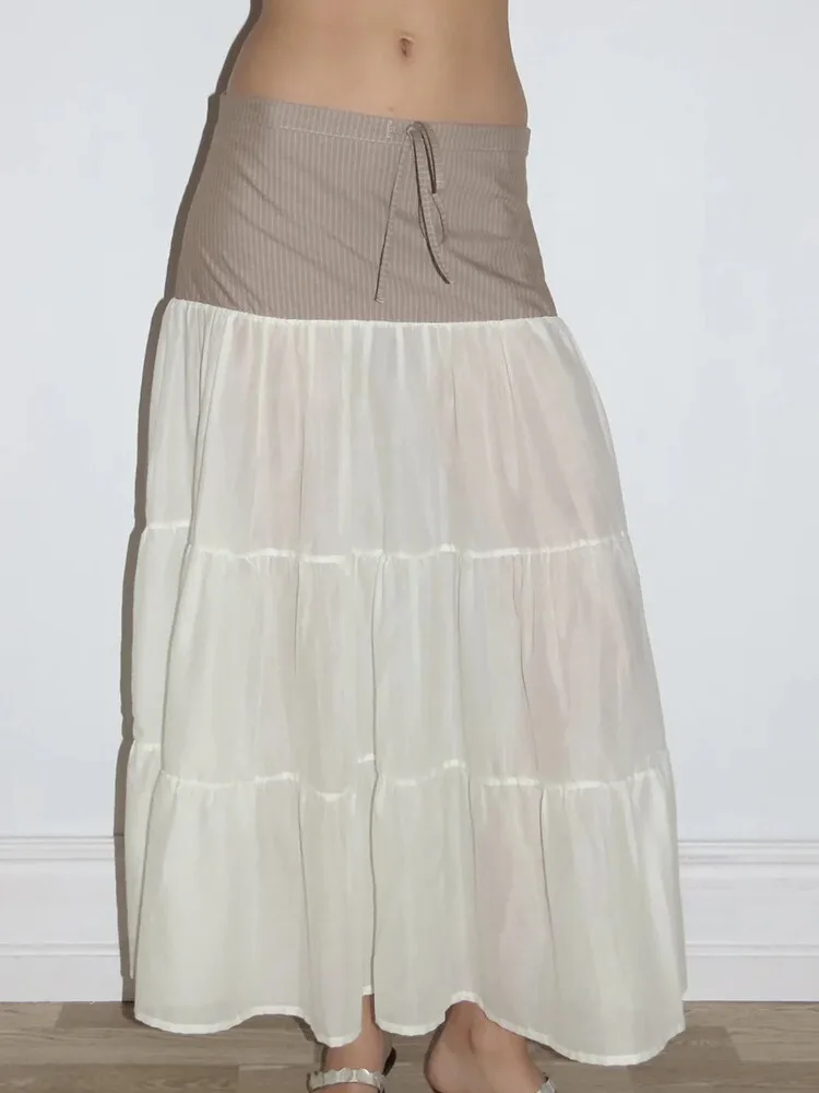 

Paloma Wool25 Cotton Stripe Patchwork A-Line Midi Skirt Women's Summer Long Skirt Belted Design Pure Cotton Casual Sle