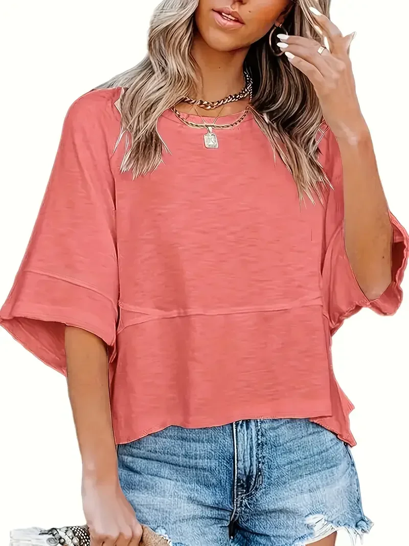 เสื้อยืดแฟชั่นผู้หญิงไซส์ใหญ่ 1XL-5XL ทรงหลวม คอกลม แขนสั้น สีพื้น สไตล์ลำลอง ดูแลง่าย
