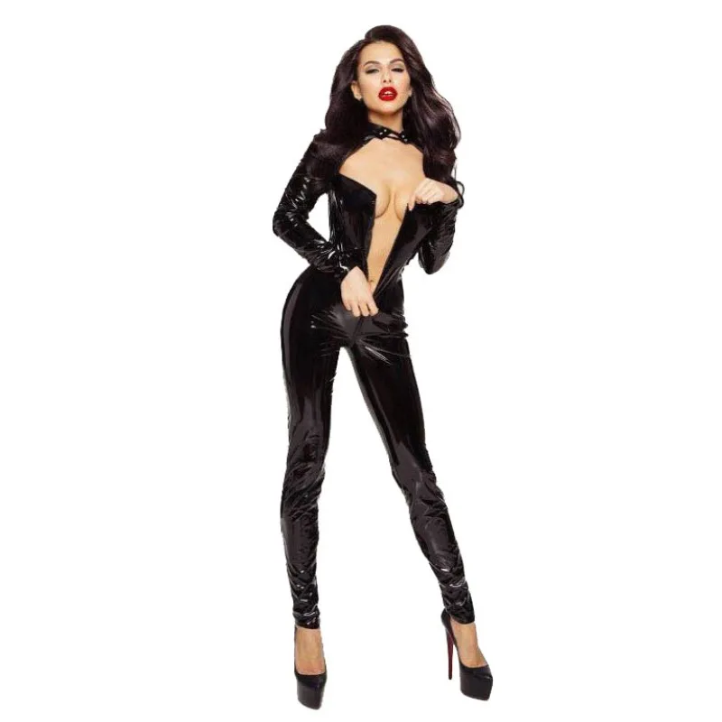 Women's Sexy PVC Leather Jumpsuit Long Sleeve Open Crotch Bodysuit Black Red PU Leather Zipper Detail Pole Dance Rompers New