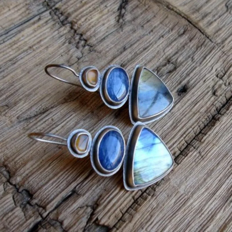 Ethnic Silver Color Geometric Triangles and Circles Champagne Blue Stone Earring Vintage Paste Pattern Dangle Earrings for Women
