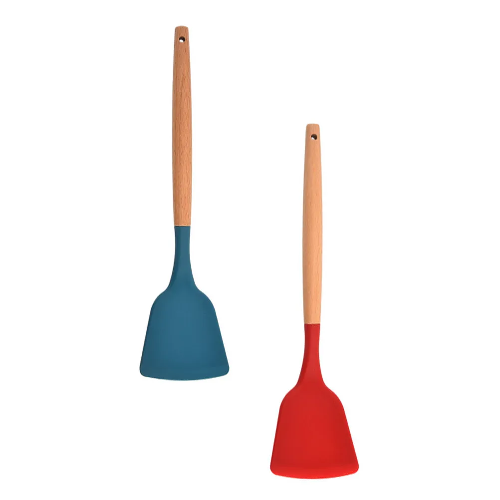 

2Pcs Wooden Handle Silicone Wok Spatula Food Grade Non Scratch Dishwasher Safe Ergonomic Cooking Utensil Kitchen Gadget
