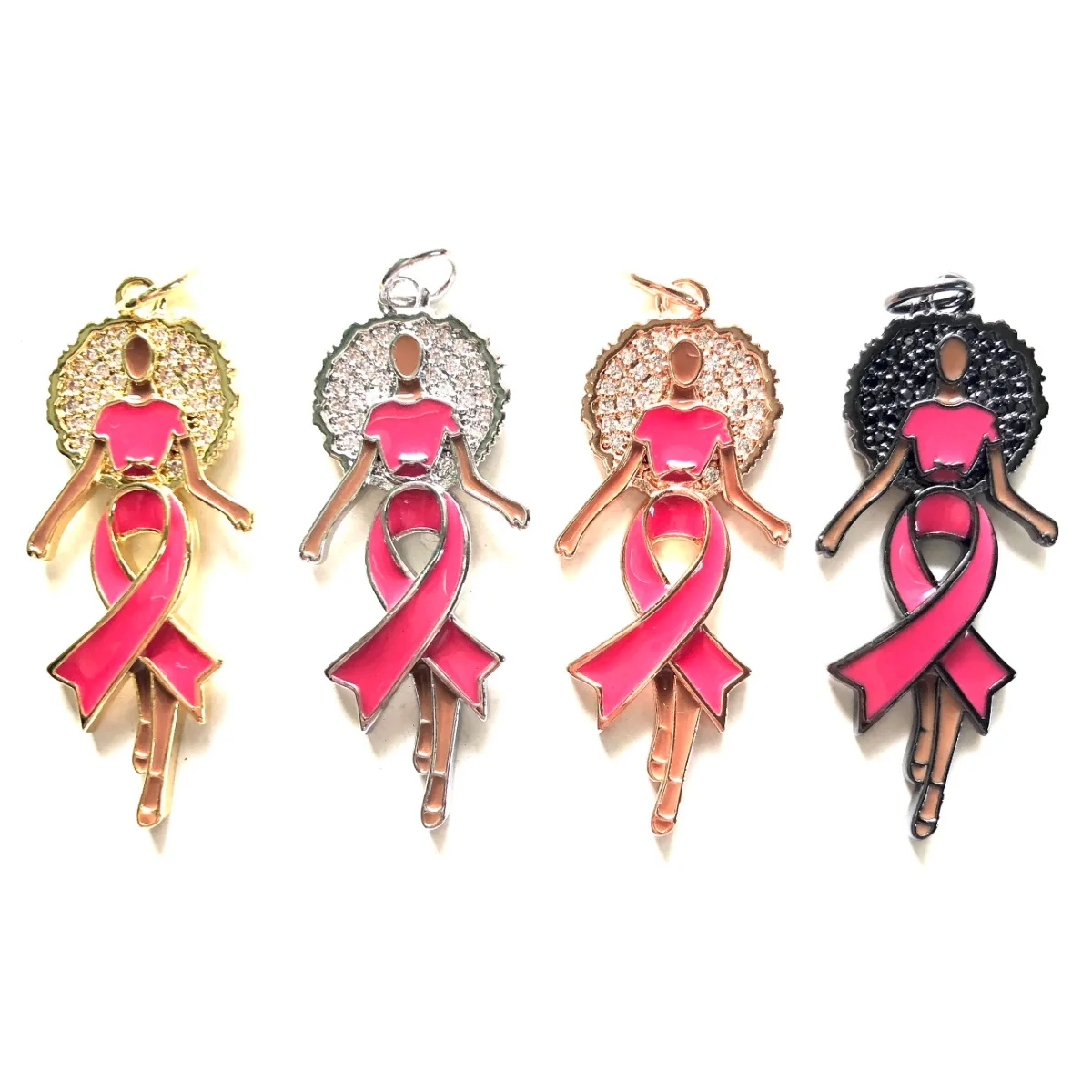 5pcs Enamal Pink Ribbon Afro Black Girl Charms Zirconia Pave Breast Cancer Awareness Pendants for Women Bracelet Necklace Making