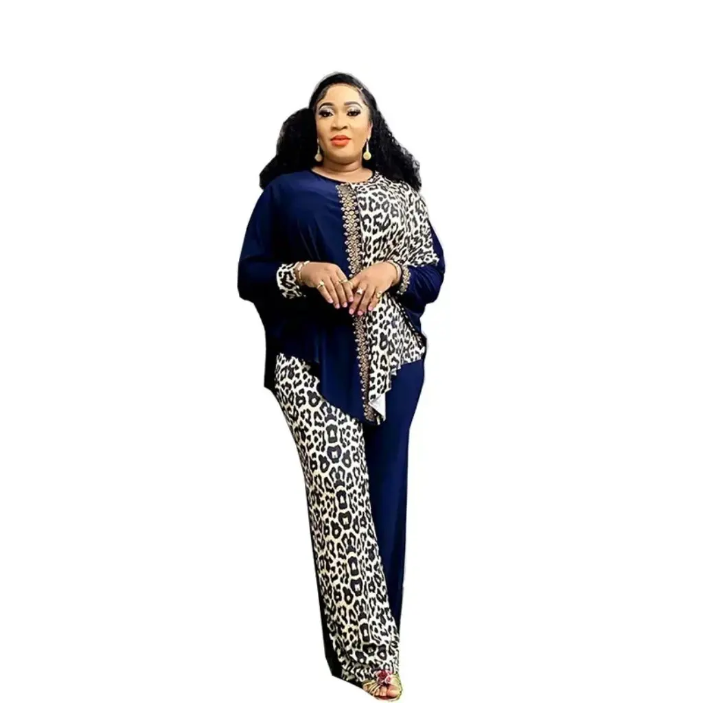 

plus Size Loose Bat Sleeve Leopard Top And Pants Set Color Matching Rhinestones European American African Style