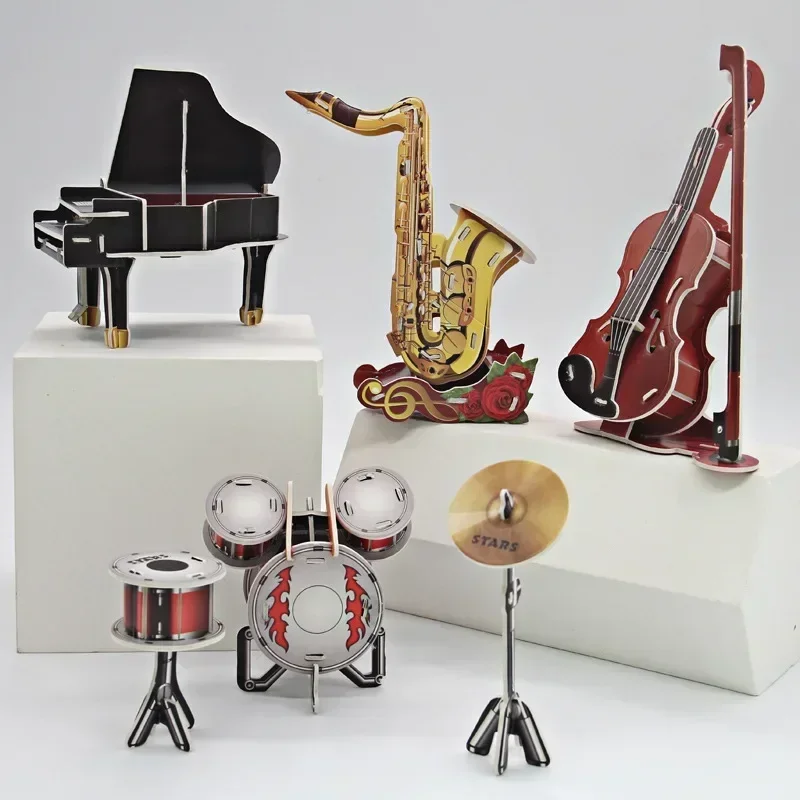 FEOOE Sets Diy Paper 3D Jigsaw Puzzle Musical Assembly Handmade Brain Puzzle Children's Toys Drum Kit Piano Cello WL