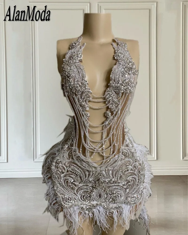 Mini Birthday Dress For Women Luxury 2025 Crytsal Feathers Short Prom Gowns Vestidos De Graduación Party Outfits Customized