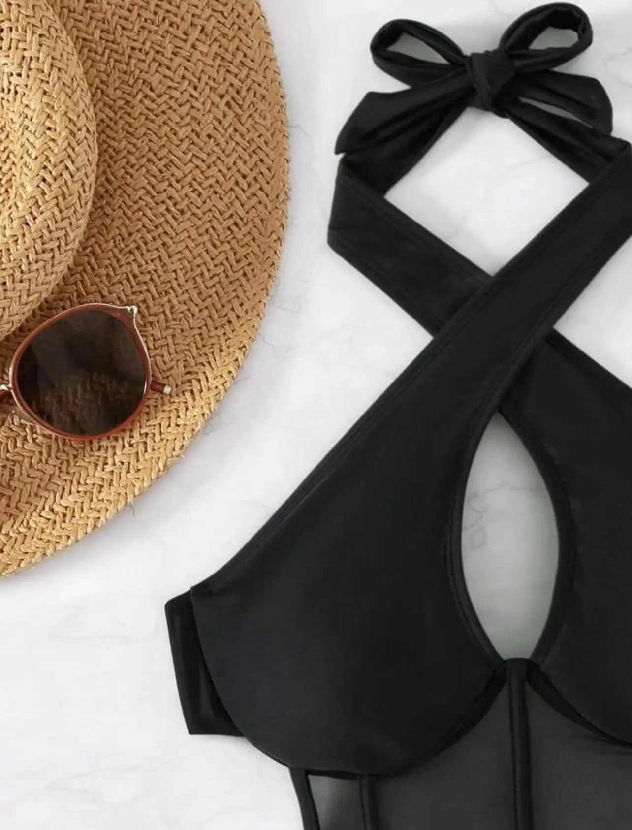 2025 Contrast Mesh Cut Out Halter Swimsuit One Piece Solid Swimwear Women Push Up Bathing Swimming Swim Suit Female Beach Wear