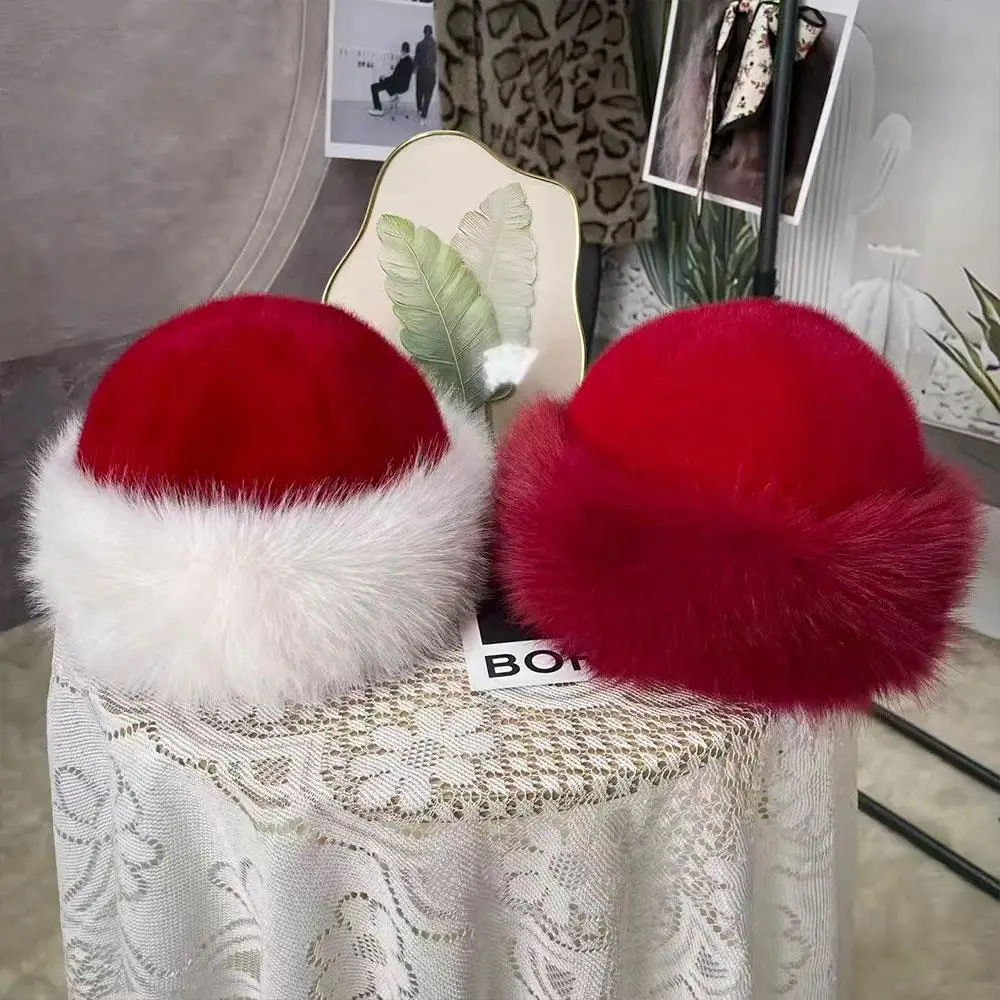 

1 x Christmas Hat Fashion Outdoor Plush Windproof Ear Protection Cap Fluffy Fur Bucket Hat Imitation Mink Fur Fisherman Hat