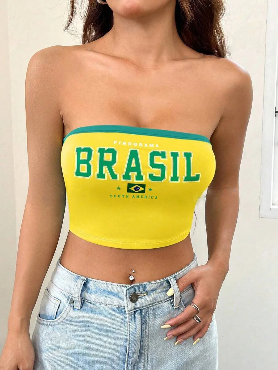 Brazil Graphic Print Crop Tops Y2k Aesthetic Women Corset Summer Short Sleeve Green Tube top Baby Tee 2000s Vintage Clothes