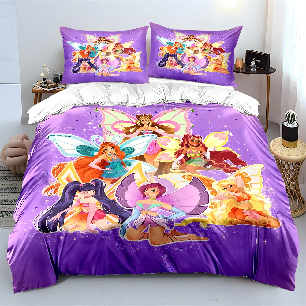 Beautiful Girls W-winx Cartoon Pattern Duvet Cover Set Digital Print Colorful Polyester Bedding with Zipper Closur for Kids Gift