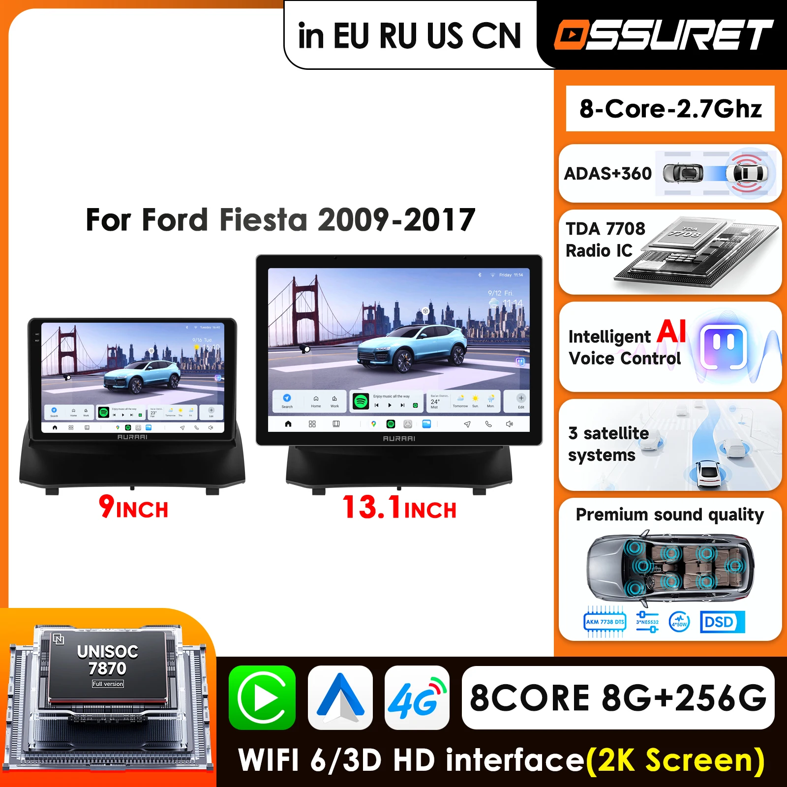 Pantalla Inalámbrica de 13.1 Pulgadas 2K con Carplay y Android Auto para Ford Fiesta VI SYNC, Radio para Auto, Reproductor Multimedia, Sistema de Infoentretenimiento, BT, GPS, Estéreo