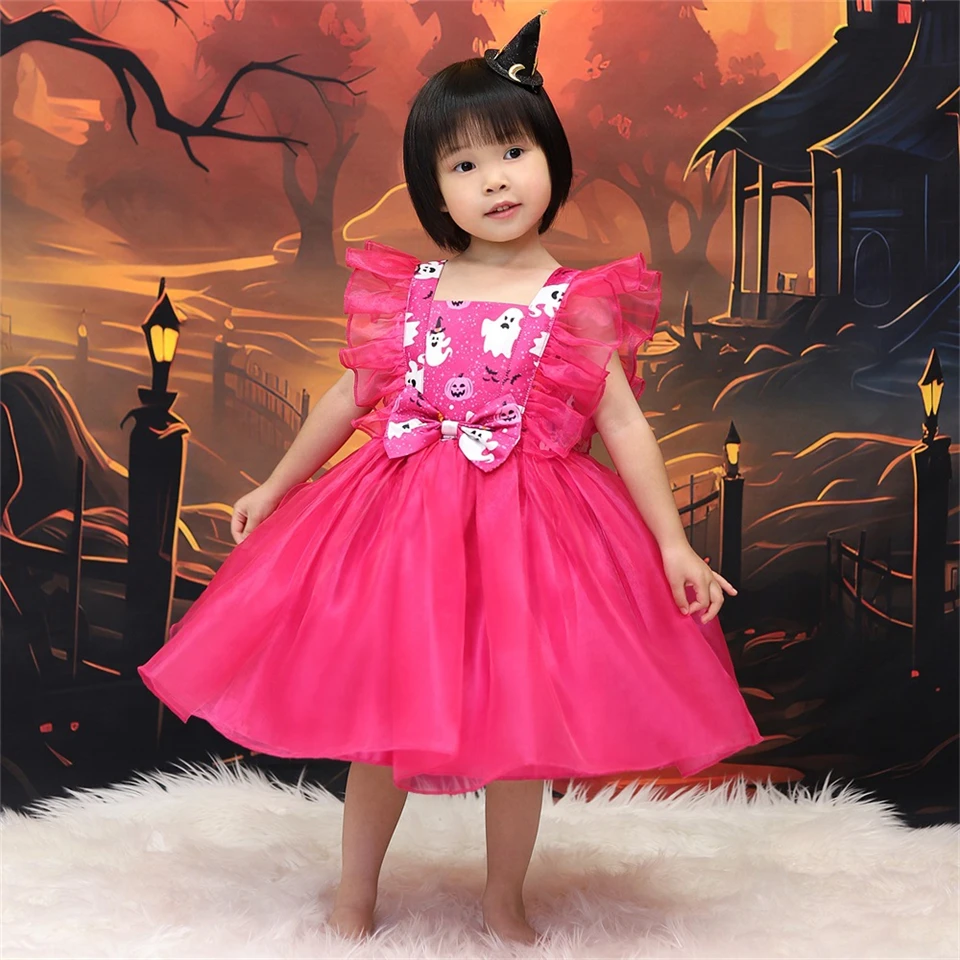 2024 Baby Girl Ghost Pumpkin Skull Print Elegant Party Dress Toddler Halloween Cosplay Witch Masquerade Costume Infant Ball Gown