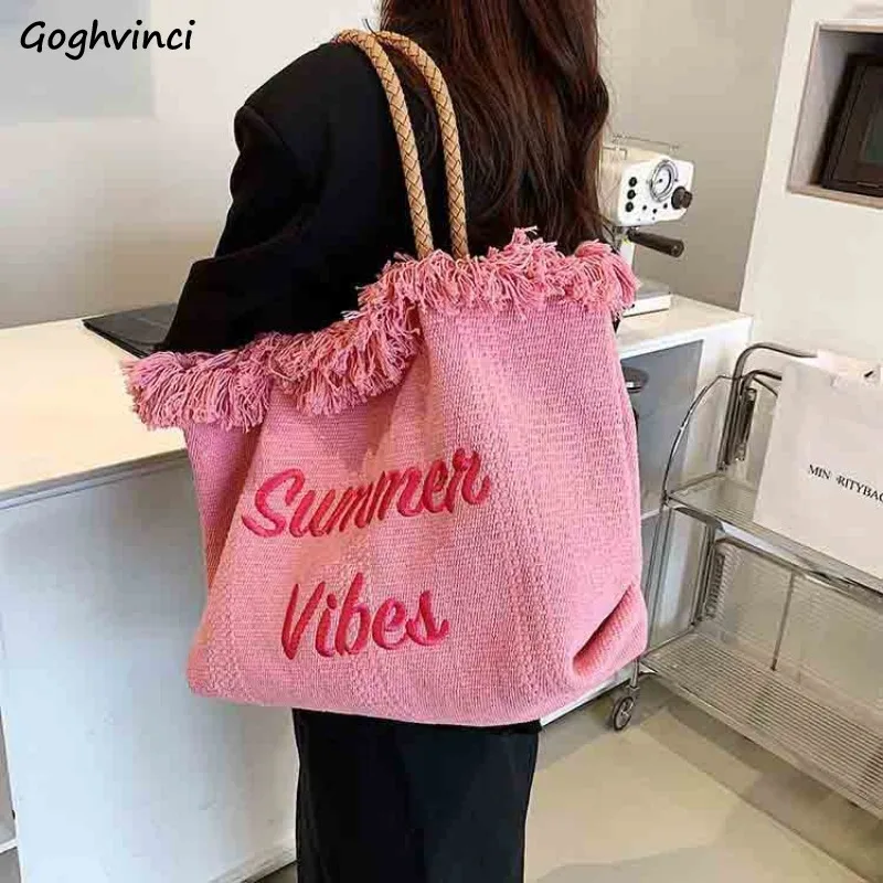 Letter Shopping Bag Designer Tassel Chic Shoulder Underarm Large Capacity Canvas  All-match Shopper Daily Woven Pouch Retro