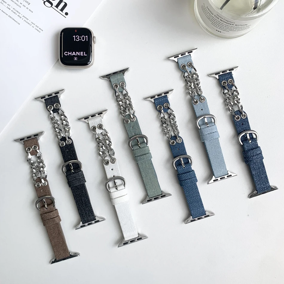 Bracelet en Denim pour Apple Watch série 9 8 7 6 5 4 SE 38/40/41/42/44/45mm, double chaîne en métal INS, pour iWatch UItra 2 49mm