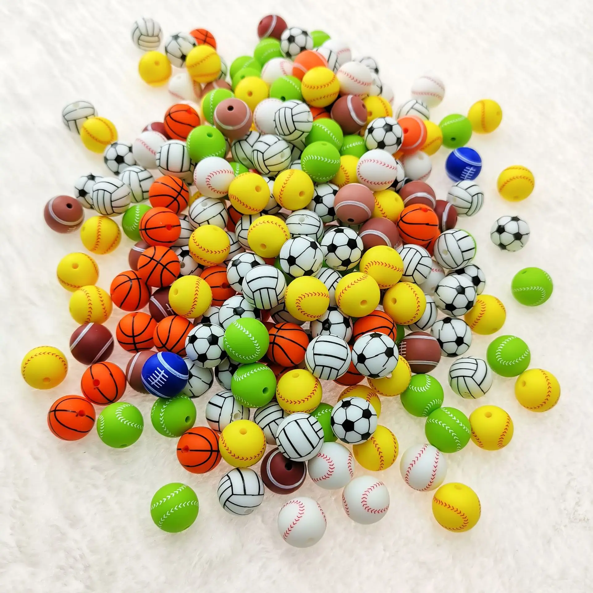 50Pcs 12MM Printed Silicone Beads Soccer Baseball Tennis Basketball Food Grade DIY Bracelet Keychain Jewelry Accessories