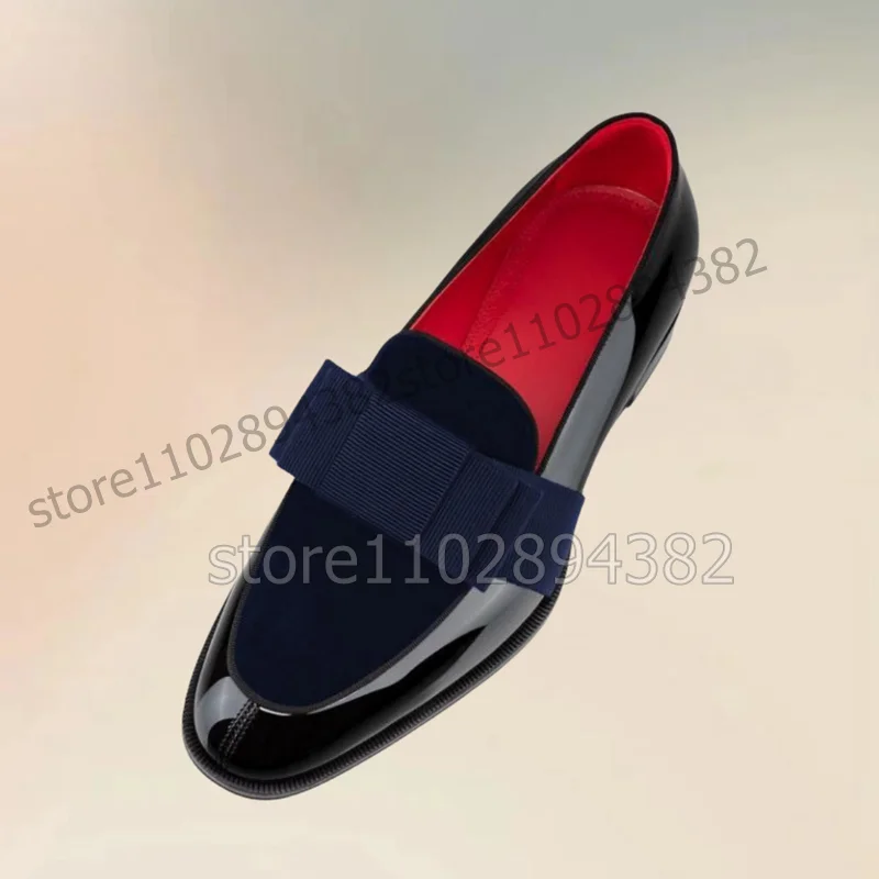 Red Blue Bow Knot Decor Black Patent Leather Loafers Fashion Slip On Men Shoes Luxurious Handmade Party Office Men Dress Shoes