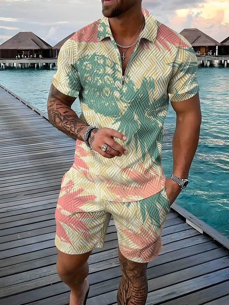 Tropical Fruit Pattern 3D Print Men's Sweatsuit Set Summer Zipper Polo Shirt + Shorts 2pcs Sets Trend Man Clothing Tracksuit Set