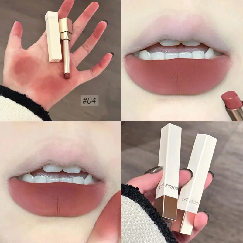 Lápiz labial cuadrado de terciopelo para mujer, mate, barro, Té sólido, rojo, gris, rosa, brillo de labios, taza antiadherente Natural, glaseado de labios, cosméticos