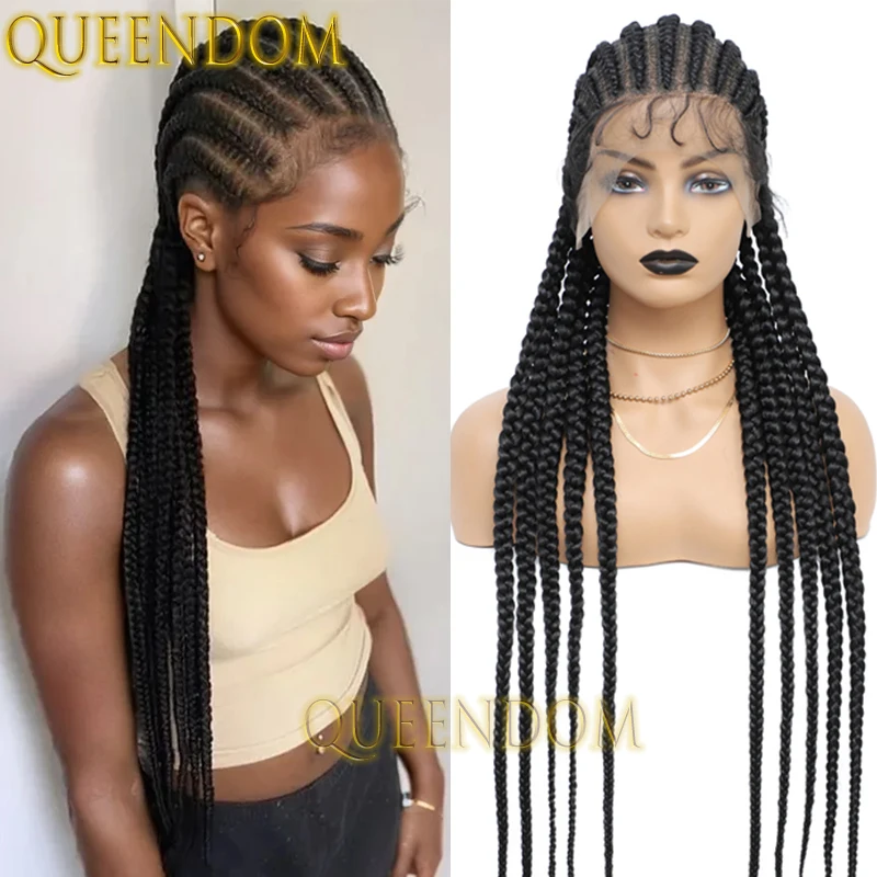 Full Lace Box Braid Synthetic Wig 36 Inch Natural Knotless Cornrow Plait Braids Wig Faux Locs Heat Resistant Braided Goddess Wig