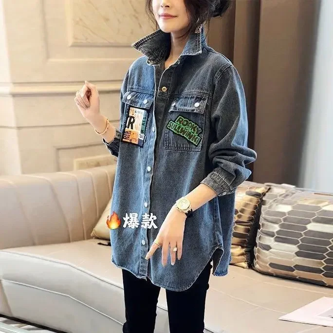 Denim Patchwork Plaid Shirt Women Long-sleeved Loose 2023 New Spring and Autumn Dress Outside To Wear A Thin Shirt Coat