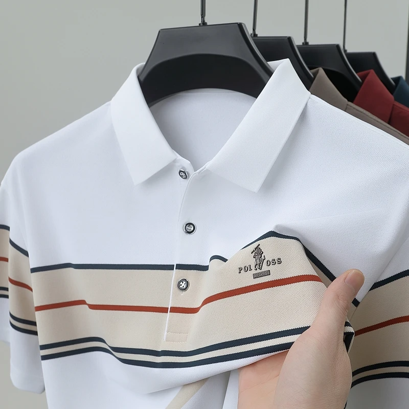 

Luxury men's short sleeve polo shirt high-end brand embossed design fashion stripes color blocking comfortable casual T-shirt