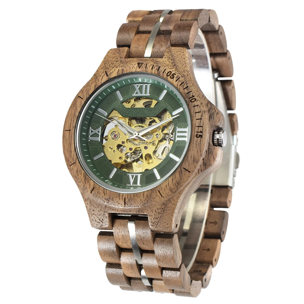 Mens Self Winding Mechanical Timepiece Retro Handcrafted Wood Steel Combination Skeleton Luminous Roman Number Dial Wrist Watch