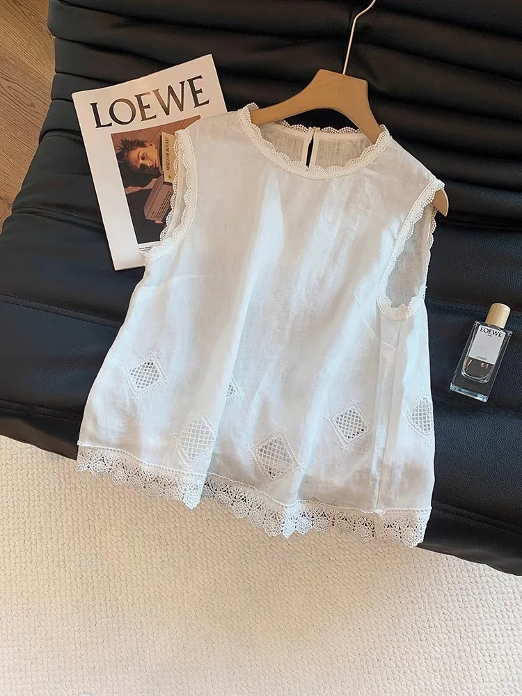 

Ele, ажурный жилет с кружевной отделкой, женский летний модный свободный топ без рукавов для поездок на работу, стандартная длина