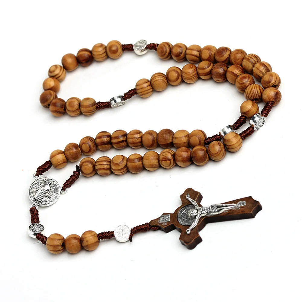Katholische Rosenkränze aus Holzperlen für Frauen, christliche INRI-Kruzifix-Kreuzanhänger, lange Kette, Herren, religiöser Gebetsschmuck. – Detail 9