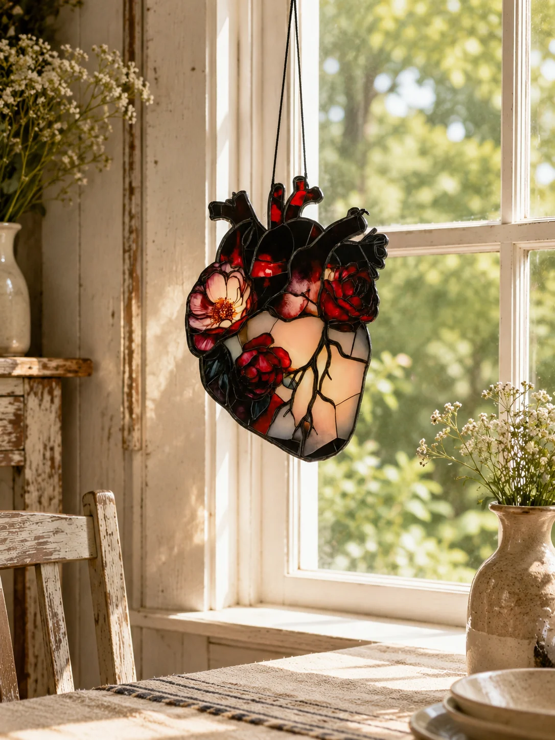 Vintage Gothic Floral Anatomical Heart Suncatcher Acrylic Window Wall Hanging Ornament Red Rose Heart Art Home Wall Decor Gift view 4