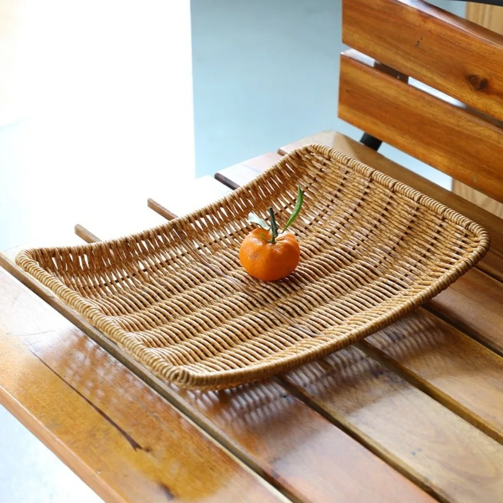 

New Handwoven Food Plate Ellipse Shape Plastic Rattan Woven Serving Baskets Solid Serving Plate Storage Fruit Vegetable Cake