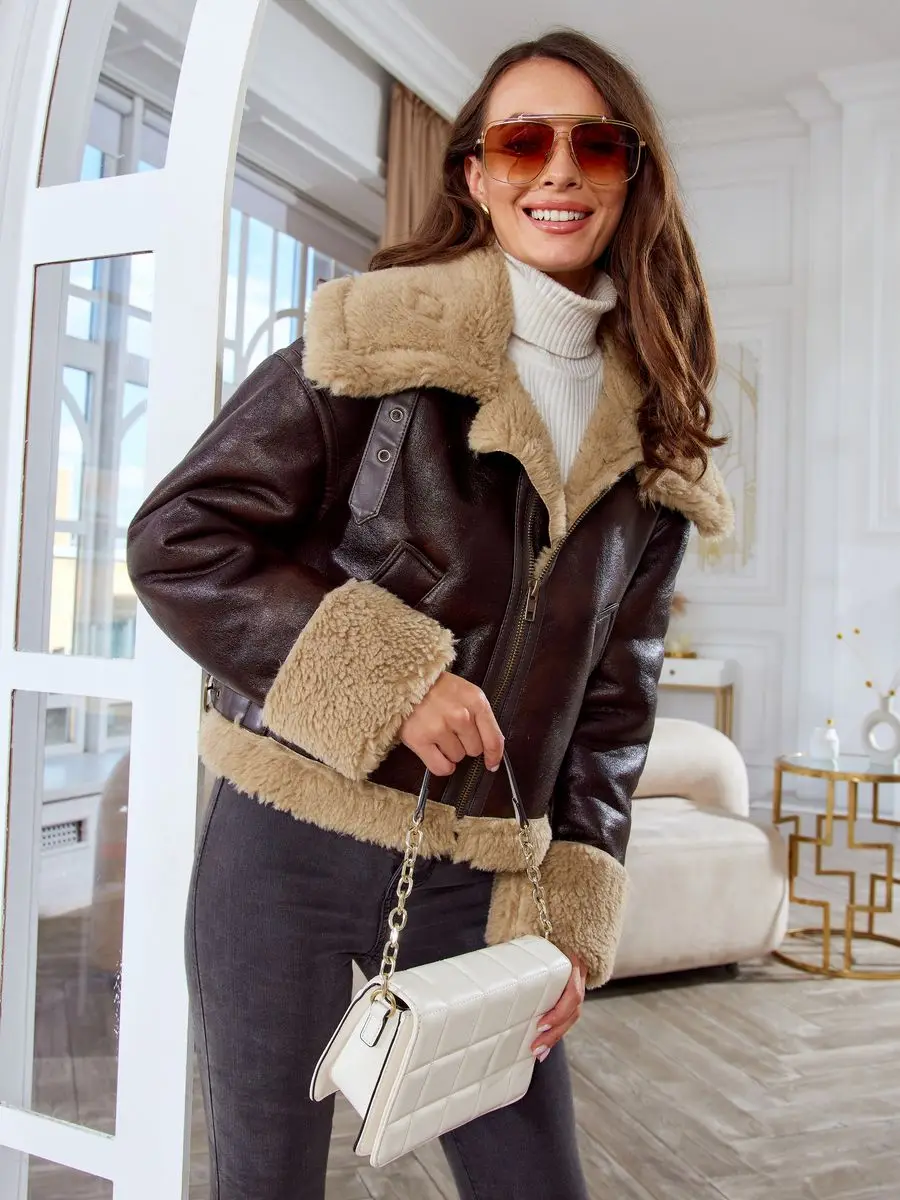 Fitaylor Winter Women Faux Fur Leather Jacket Casual Lapel Zipper Leather Coat High Street Motorcycle Outwear