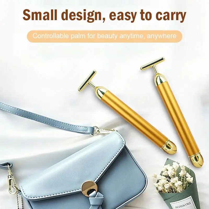 قضيب تنحيف الوجه الكهربائي 24K من بيوتي بار، عصا ذهبية على شكل حرف T، مدلك للوجه لشد البشرة، جمال كهربائي