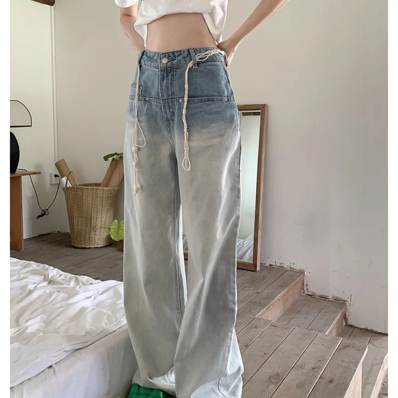 

Blue High Waist Women's Jeans Flare Pants Vintage American Fashion Street Wide Leg Jean Female Denim Trouser Baggy Denim Pants