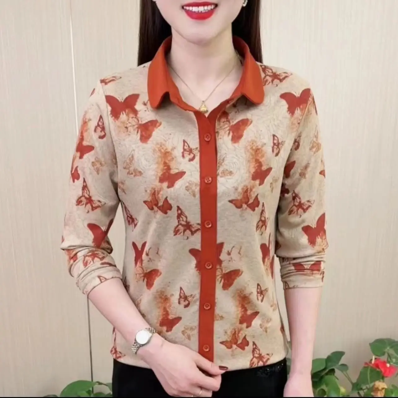 Elegant Base Shirt Stylish Printed Slim Fit Long Sleeve Women Turn Collar Blouse