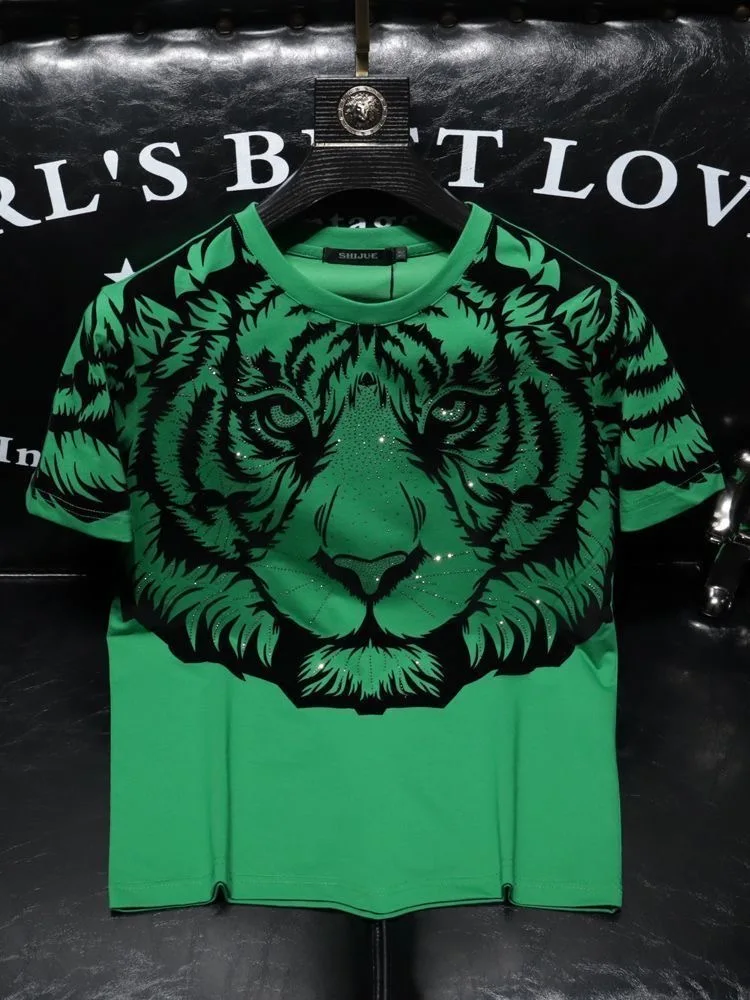 2024 new Summer European New Tiger Head Round Neck Loose Plus Size Short Sleeve T Shirt Bottom Half Sleeve Shirt