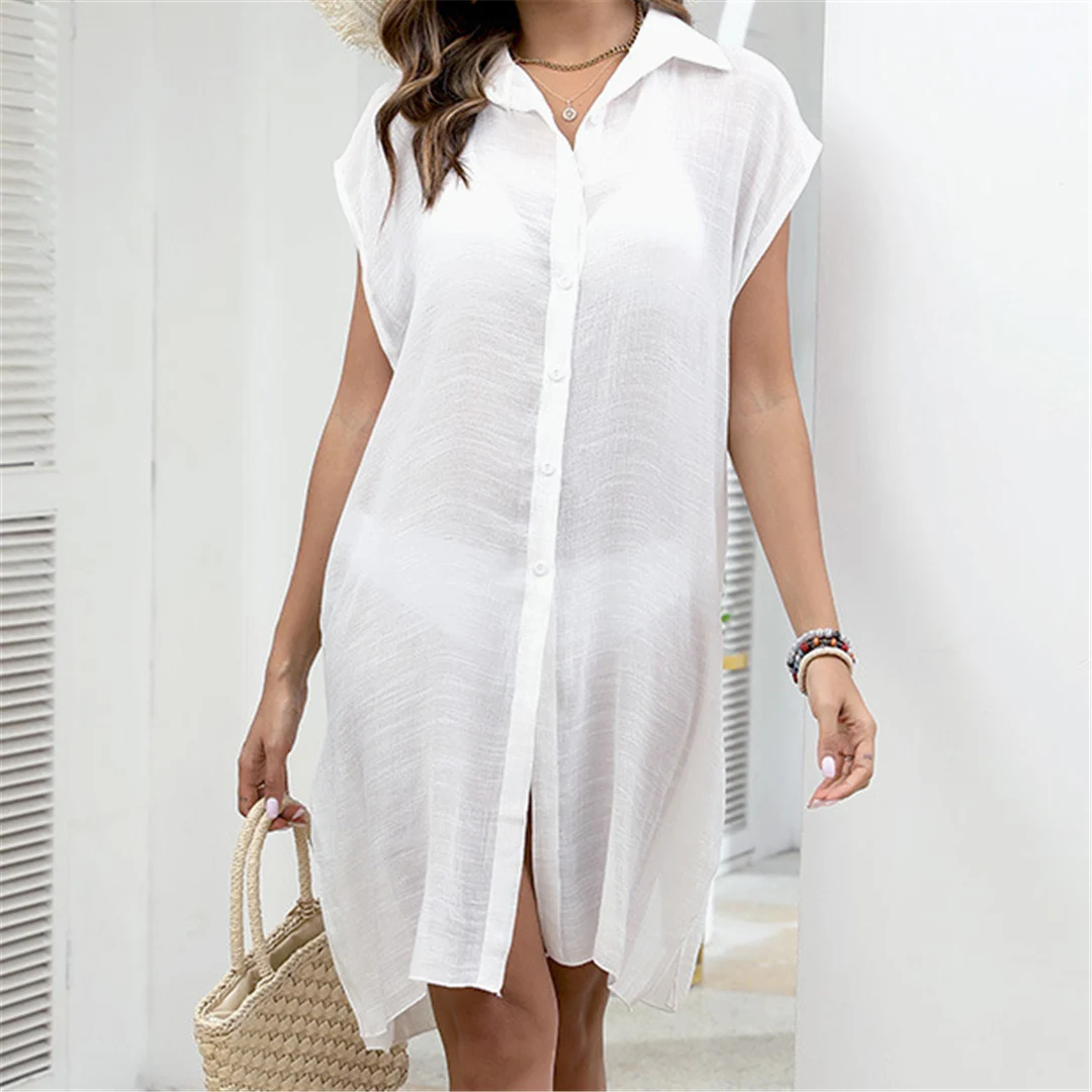 Neues weißes Hemd, kurzärmelig, langes Oberteil, Bluse, Tunika, Strandkleid, Strandmode, Strandbekleidung, Strandüberwurf, Damen, V6330 – Detail 5