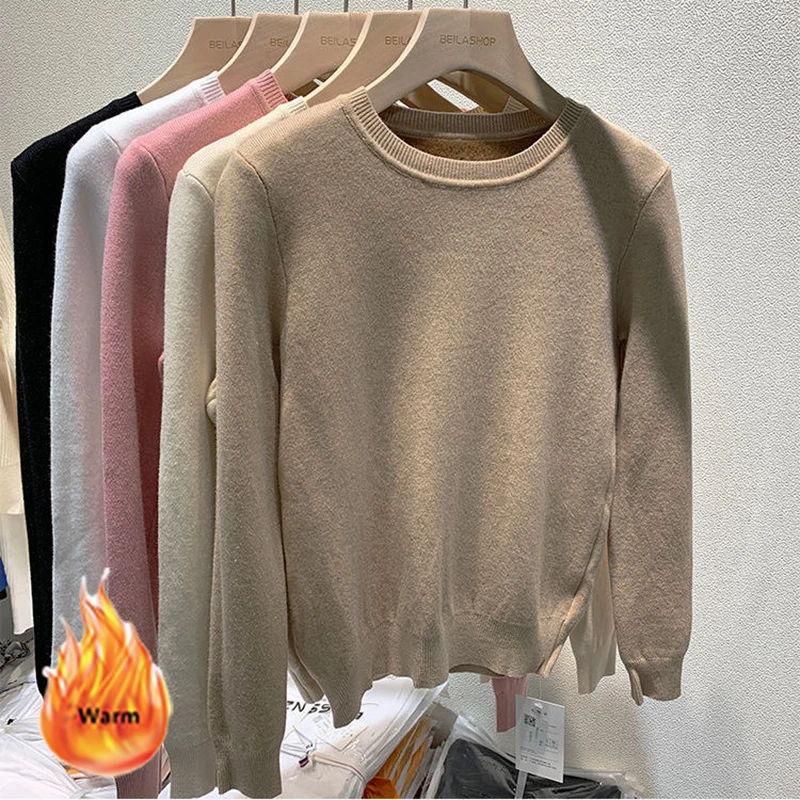 Women Winter Long Sleeve Sweater Plus Velvet Round Neck Knitwear Pullover All-Match Solid Soft Knitted Top Warm Casual Sueter