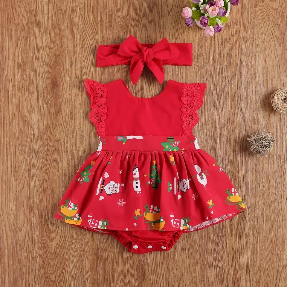 2PCS Newborn Jumpsuit Set Christmas Cartoon Printed Santa Claus Christmas Tree Snowman Baby Flying Sleeves And Infant Red Romper