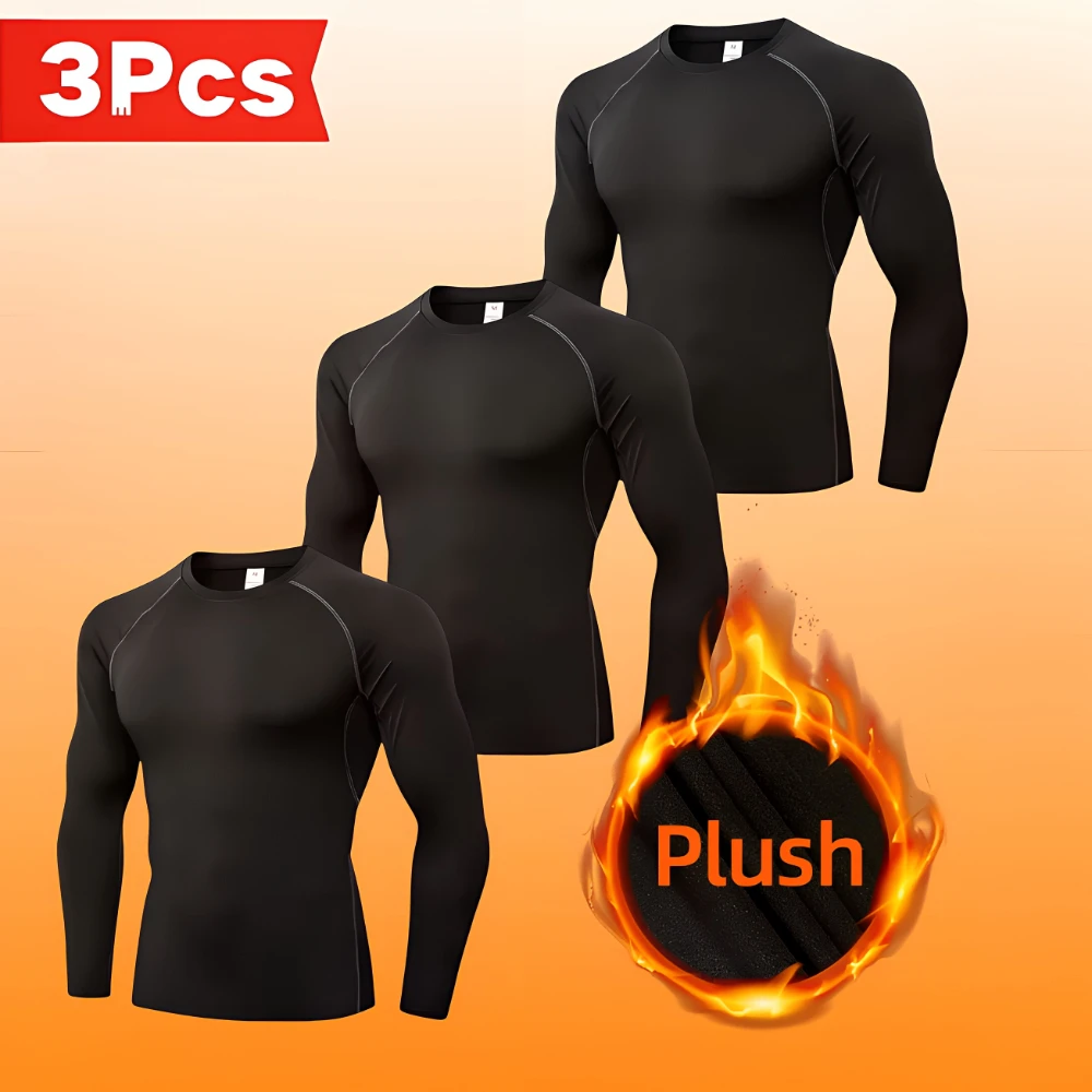 2026 Fleece Compression Shirt 1-3 PCS Men's Thermal Underwear Long-sleeved Sport Cycling Tight-fitting Training Top for Autumn