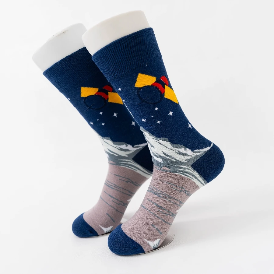 MYORED 1 pair of Autumn and winter new star space station men's fashion cotton socks mid-tube socks