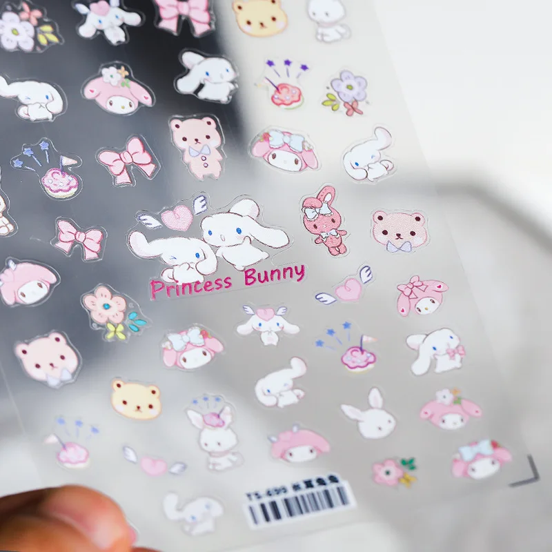 2026 New Cartoon Sanrio Hello Kitty Nail Stickers 5D Melody Kuromi Cinnamoroll Anime Sticker Nail Art Supplies Nail Art Decals