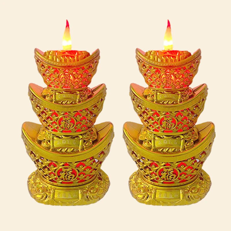 Pair God of Wealth Candle Lamp Red LED Eternal Candlestick Light Smokeless Household Buddhist Prayer Lamp Offerings To Buddha