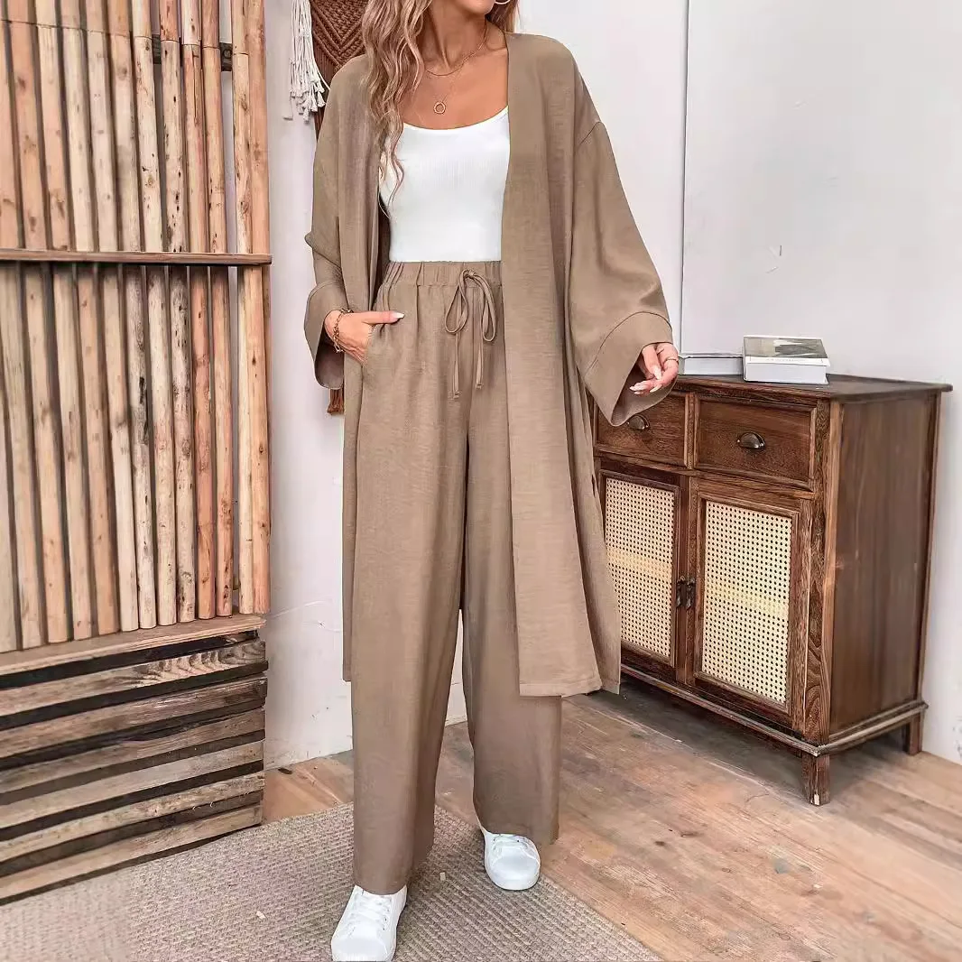 

Clothes Autumn open-collar Solid Color Long Loose Top + Drawstring Wide-leg Trousers Trajes De Mujer Conjunto 2 Piezas Elegantes