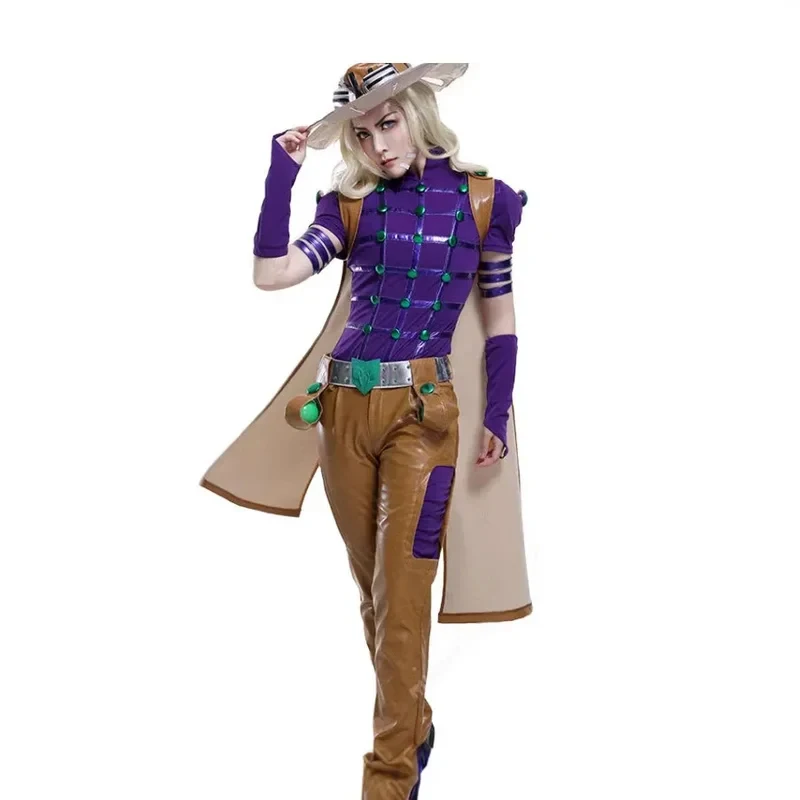 

A\5.g/Anime Spin Master Gyro Zeppli Cosplay Purple Top Brown Pant high quality Leather Costume Full Set Hat Cloak For5,j'8.k/4\5