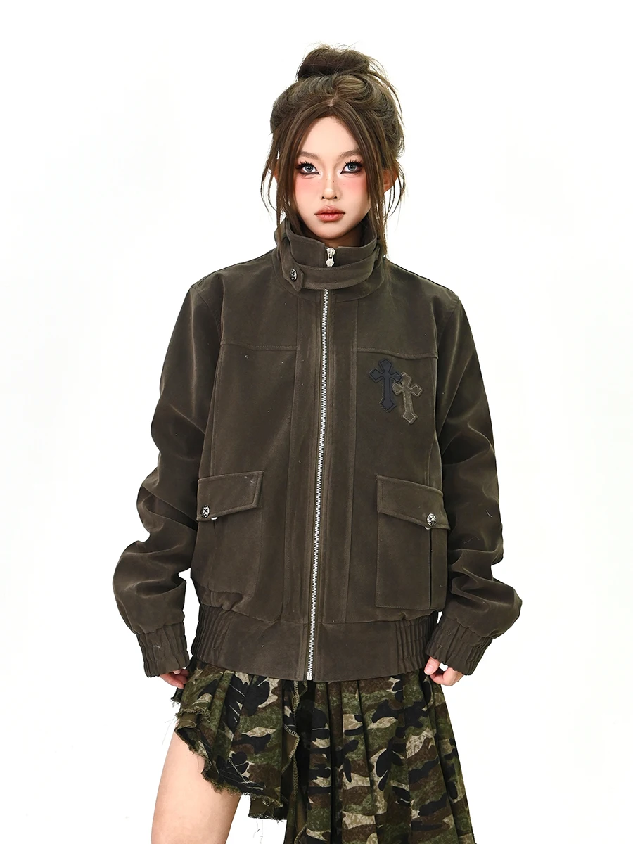 

Женская замшевая куртка в уличном стиле с крестообразным узором, весна 2026, новинка, уличная мода, на молнии, с длинными рукавами