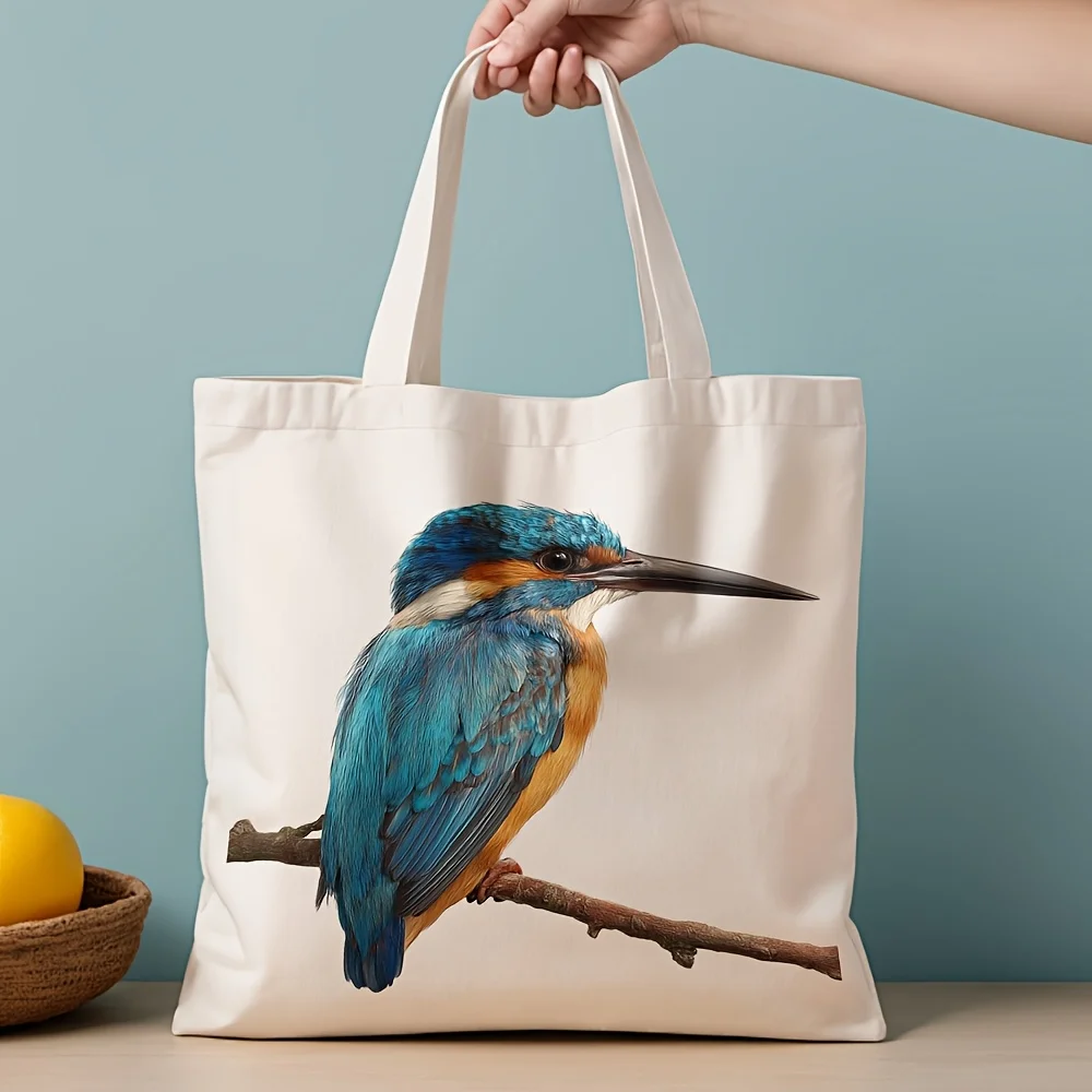 A Kingfisher Pattern printed canvas tote bag, suitable for daily use, shopping, school, and travel