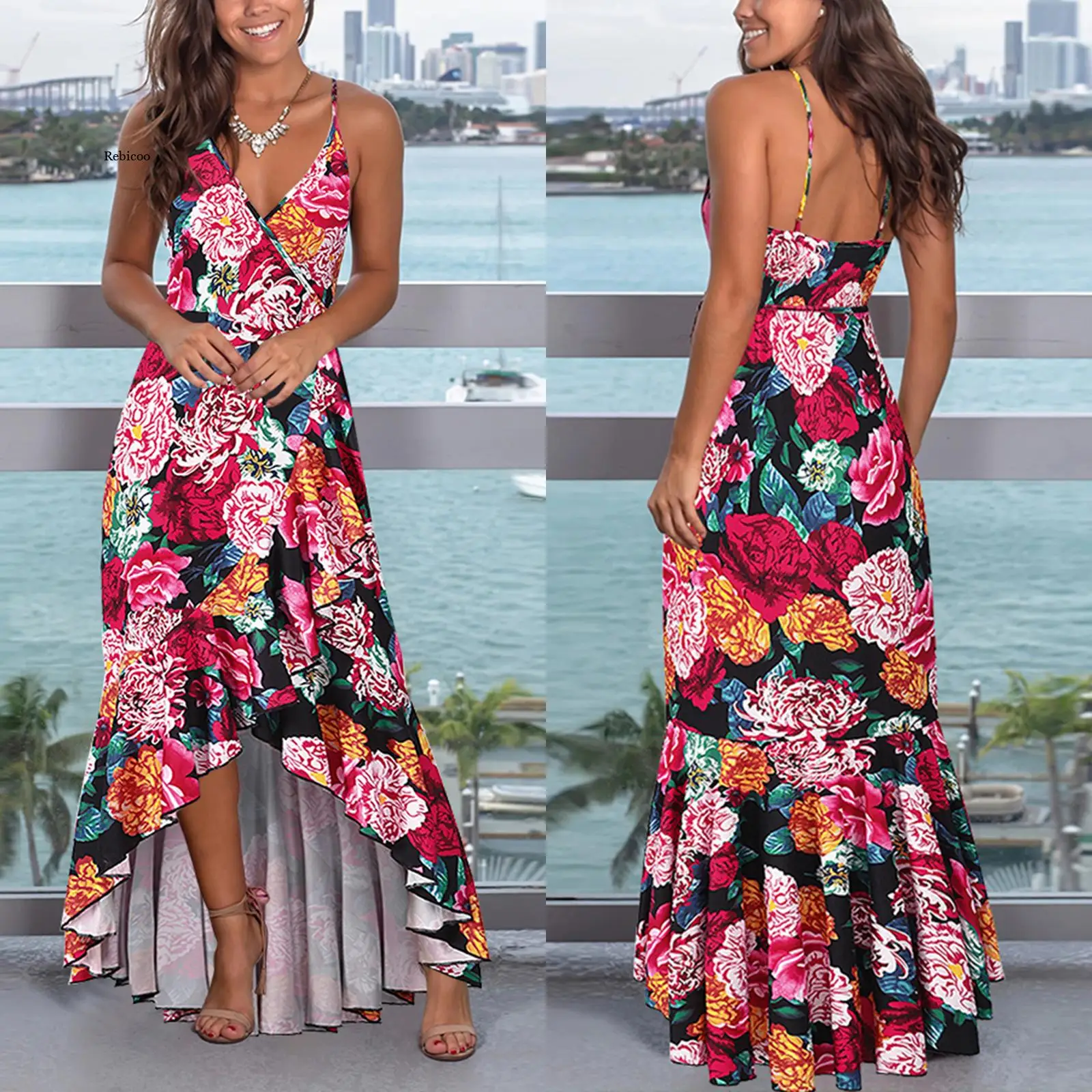 Summer Beach Maxi Dress Women Floral Print Sling Ruffle Irregular Wrap Boho Long Dress Casual V Neck Sexy Party Sundress